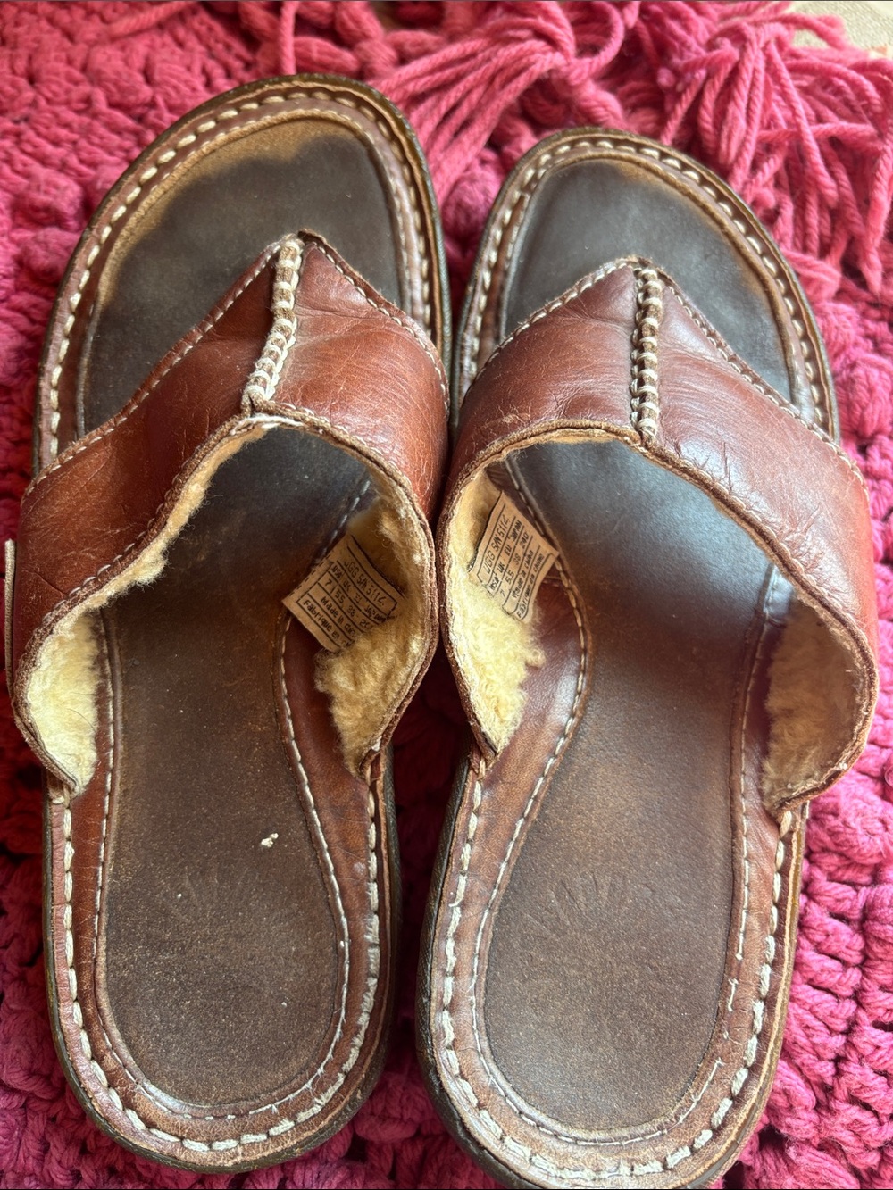 UGG Brown Leather Shearling-Lined Women’s Slide Sandals